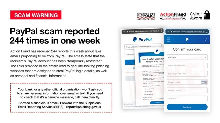 StaffsPolice's tweet image. ⚠️ Watch out for these fake PayPal emails! ⚠️ 

Action Fraud have received 244 reports about them in one week. 

You can help them to remove malicious emails and websites like these by forwarding suspicious emails you receive to: report@phishing.gov.uk

@actionfrauduk