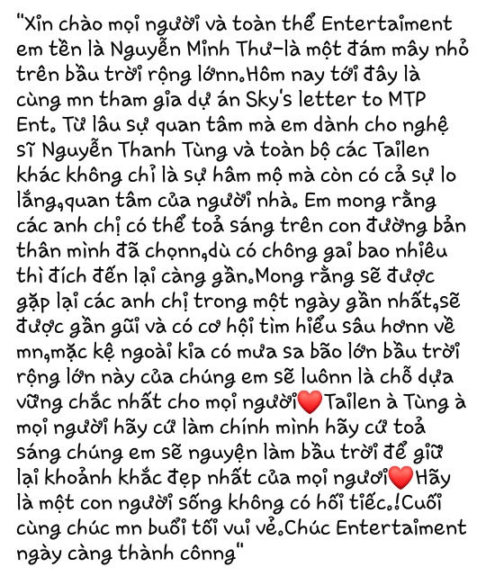 camhannn's tweet photo. Đây là vài lời mà bé Nguyễn Minh Thư muốn gửi đến Tùng và tập thể M-TP Ent, do bé không tiện sử dụng twitter nên mình đăng giúp ạ.

SKY'S LETTER TO M-TP ENT.

@sontungmtp777
 
@chau_nyc
 
#TakeCareMTP
#StayConnectedWithSky

SB19 WikiDay
@SB19Official

#STANWORLD #SB19 https://t.co/HuGMSuGpOi