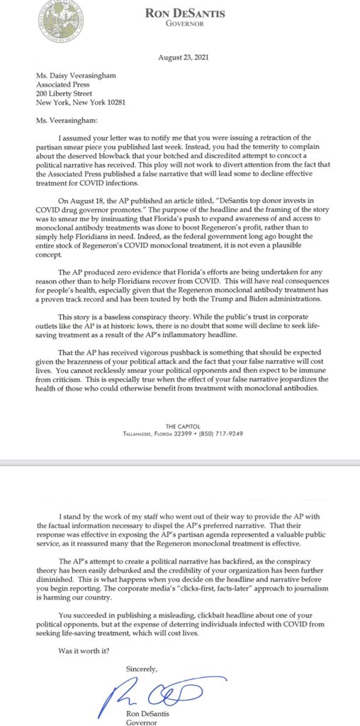 Governor @RonDesantisFL will not allow <a href="/AP/">The Associated Press</a> or any corporate media to politicize #COVID19 and endanger the lives of Floridians.