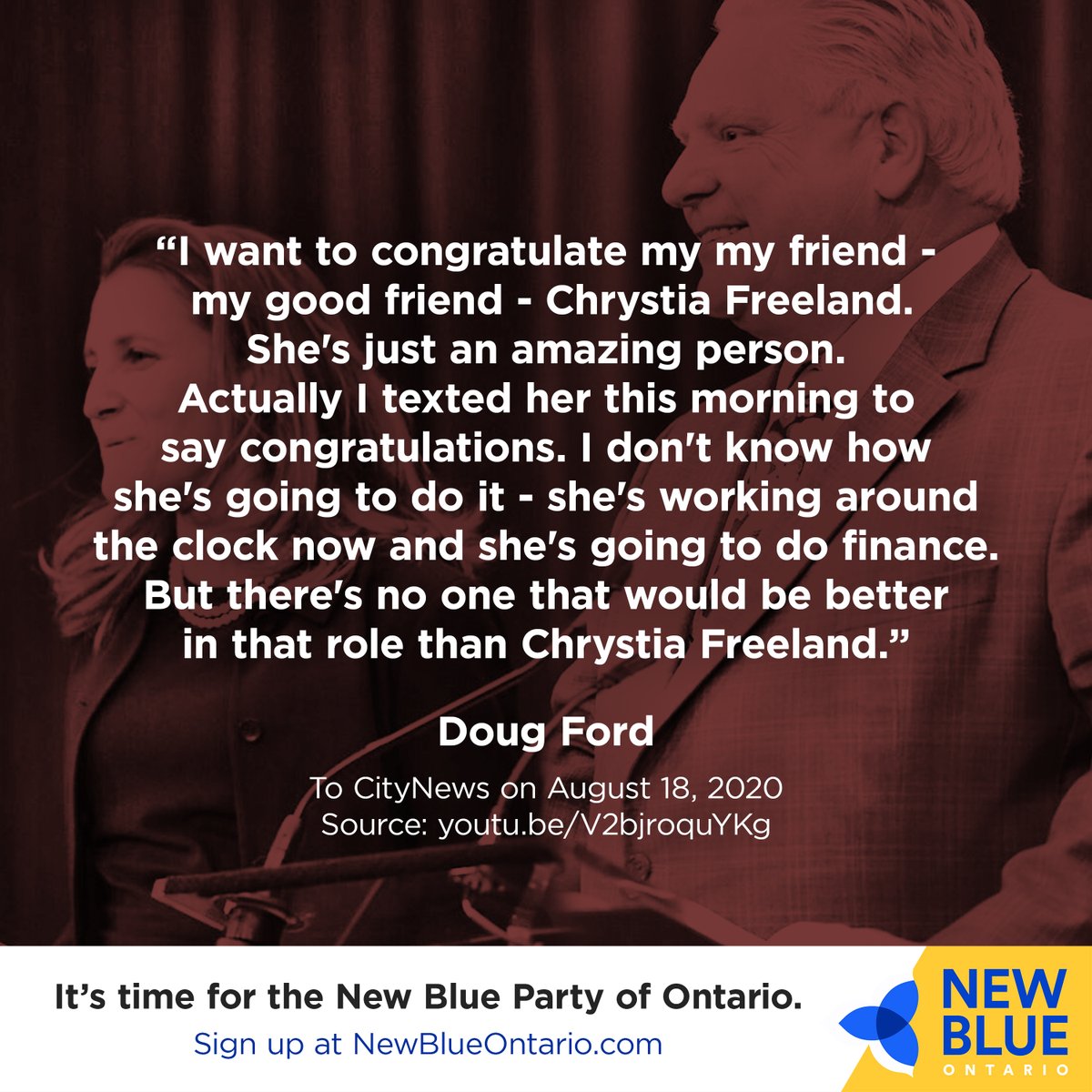 jimkarahalios's tweet photo. "... there's no one that would be better in that [finance minister] role than Chrystia Freeland." — Doug Ford

Follow the New Blue Party of Ontario by signing up at https://t.co/8PICK1ftgR!

@NewBlueON #onpoli #cdnpoli #Freeland #DougFold https://t.co/Wci9kA9Bn7