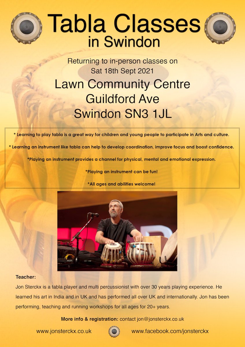 Swindon Tabla Classes are returning to in-person lessons in September!
New students are very welcome - get in contact if interested in learning tabla…
#tabla #Swindon #lessons <a href="/TotalSwindon/">Total Guide to Wiltshire</a> <a href="/CreativeSwindon/">Creative Swindon Network</a> <a href="/BBCWiltshire/">BBC Wiltshire</a> #ArtsandCulture <a href="/AsianArtsAgency/">Asian Arts Agency</a> <a href="/pulseconnects/">pulseconnects</a>