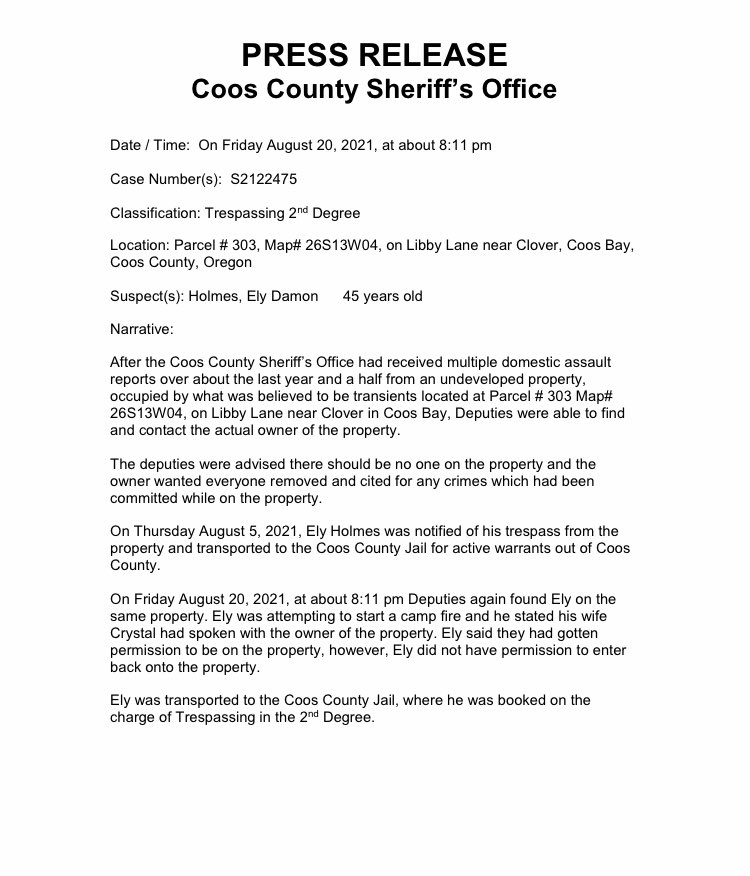 Coos_County_SO's tweet photo. Press Release: Trespassing II https://t.co/b9T1OHTOFi