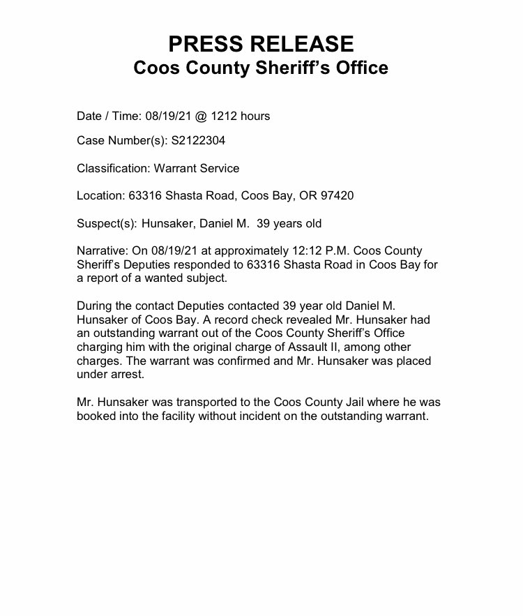 Coos_County_SO's tweet photo. Press Release: Warrant Arrest https://t.co/sZMtkFnEw0