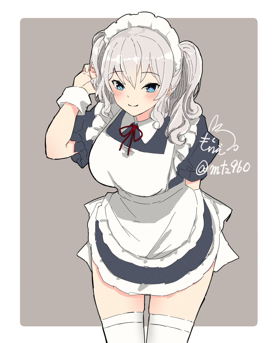 kashima (kancolle) 1girl solo thighhighs maid apron white thighhighs white apron  illustration images