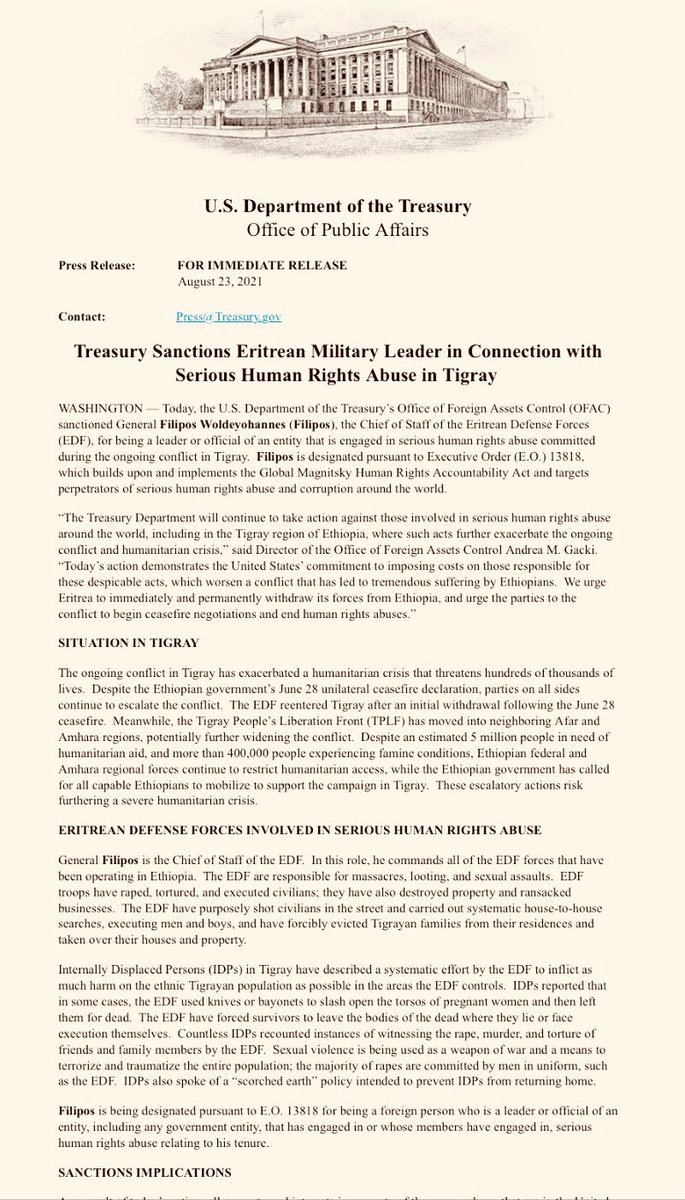 ChidiOdinkalu's tweet photo. The @USTreasury has today designated Eritrea's Army Chief, Gen Filipos Woldeyohanes, in connection with his role in the #AtrocitiesInTigray. https://t.co/H952AsEyOl