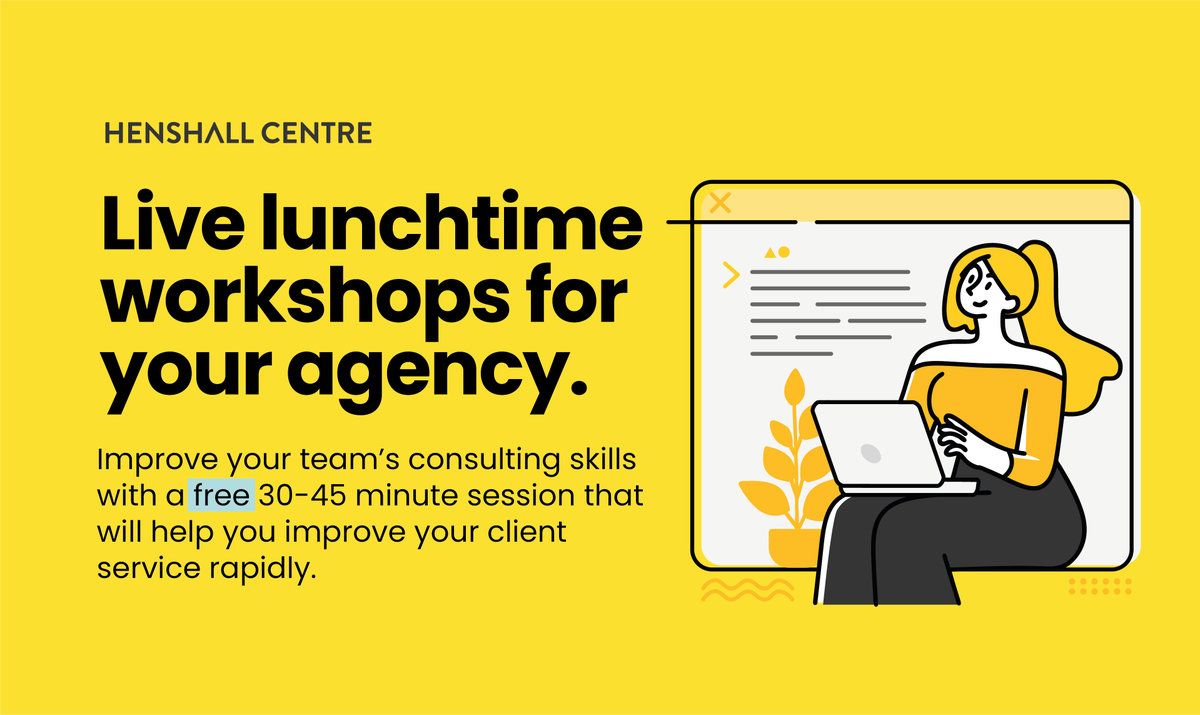 henshallcentre's tweet photo. If it's your turn to arrange your agency's next lunchtime learning session, why not book one of our free workshops and let us do the work for you? #pragency #consultingskills #learning https://t.co/ZVatEWap5p https://t.co/sFTU2I6Lmc