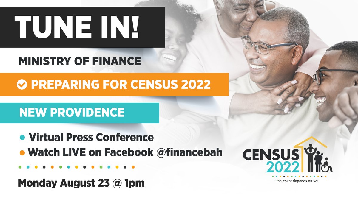 FinanceBAH's tweet image. TUNE IN!
Join us TODAY at 1pm for a virtual press conference as we discuss preparations for the National Census 2022.
Makes sure to follow @StatsBAH and @FinanceBAH for the latest on Census 2022!

#bahamascensus #census2022