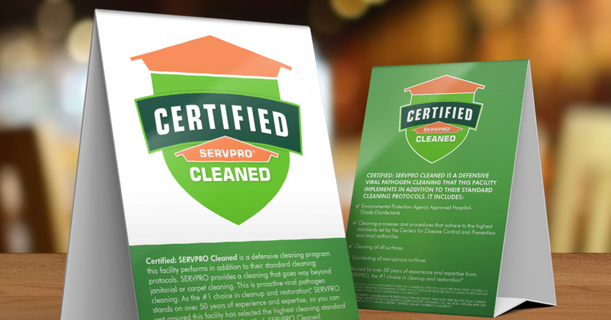 SERVPRO understands how important it is for your customers feel safe when they walk into your business. That's why we fit your doors with these Certified: SERVPRO Cleaned decals after service, paired with optional "last service date" decals to match.
