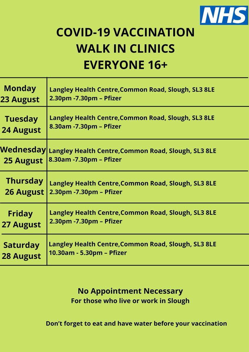 Slough Borough Council On Twitter Grab A Jab This Week No Appt Needed Just Drop In For Everyone Aged 16 And Over At Langley Health Centre Or Salt Hill Activity Centre If