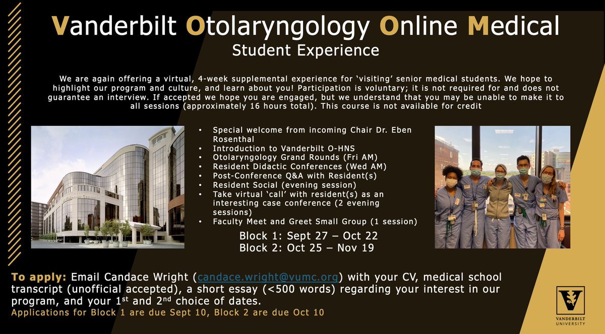 VUMC Otolaryngology–Head and Neck Surgery (@vanderbiltent) on Twitter photo ✨ We are again offering a virtual medical student experience! Applications are due: Block 1, Sept 10 and Block 2, Oct 10. See details below! ✨ #MedTwitter #WeAreOto #IAmOto #OtoMatch #ENTwitter #DiversifyOto #ShENT #futureENTres <a href="/TopfHNS/">Michael Topf MD, MSCI</a> <a href="/EbenRosenthal/">Eben L Rosenthal, MD</a> ✨ We are again offering a virtual medical student experience! Applications are due: Block 1, Sept 10 and Block 2, Oct 10. See details below! ✨ #MedTwitter #WeAreOto #IAmOto #OtoMatch #ENTwitter #DiversifyOto #ShENT #futureENTres <a href="/TopfHNS/">Michael Topf MD, MSCI</a> <a href="/EbenRosenthal/">Eben L Rosenthal, MD</a>