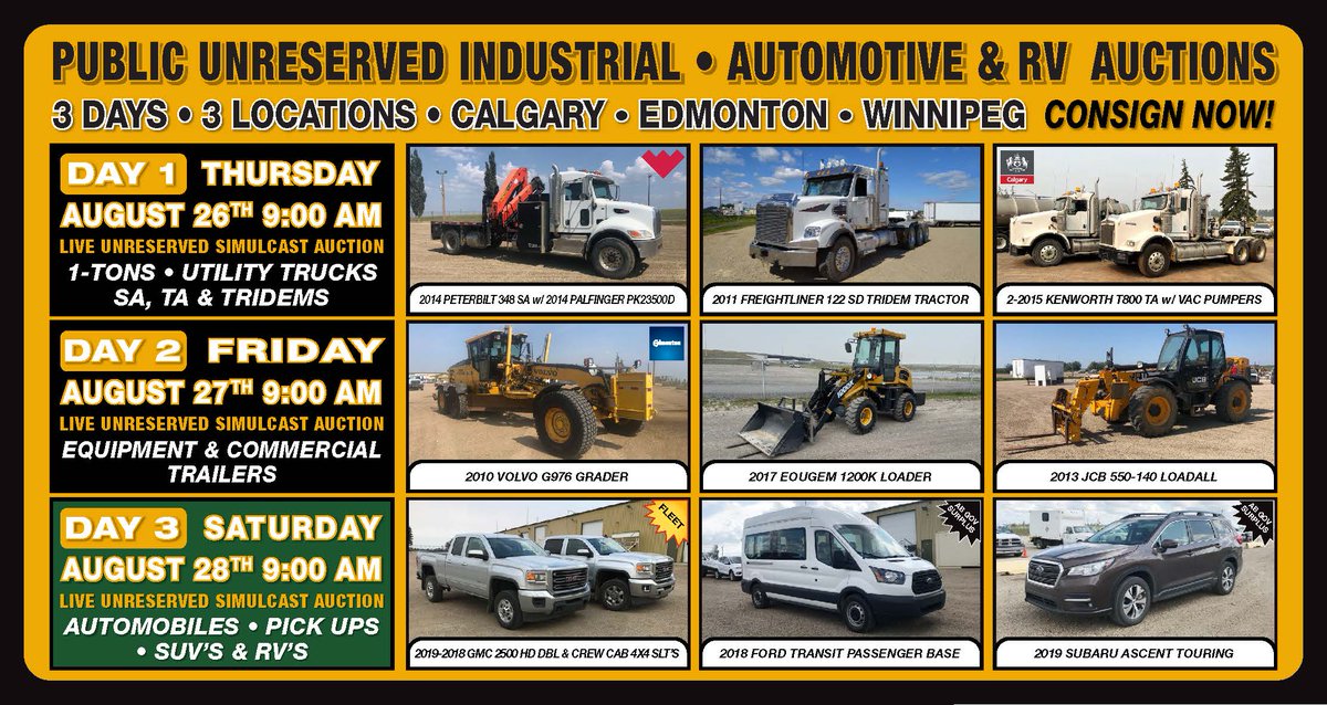 maauctionscom's tweet photo. Michener Allen Auctioneering Auction Week. Day 1 Unreserved Tridem-Tandem-SA Trucks Thursday Aug. 26th 9:00 AM Day 2 Unreserved Equipment-Commercial Trailers Friday Aug. 27th 9:00 AM Day 3 Unreserved Auto-RV Saturday Aug 28th 9:00 AM Info @ https://t.co/OpI7dToEYS https://t.co/0BOUERVvGf
