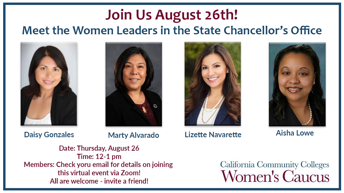 CCC Women's Caucus (@cccwomenscaucus) on Twitter photo Join us Thursday at 12 pm as we Meet the Women Leaders in the State Chancellor's Office! All are welcome!
<a href="/daisygonzales/">Dr. Daisy</a> <a href="/LizNavarette/">Lizette Navarette</a> <a href="/DrAishaLowe/">Aisha Lowe</a> @PCCprez <a href="/NGHeitzeberg/">Nan Gomez-Heitzeberg</a> <a href="/andra_hoffman/">Andra Hoffman</a> <a href="/sonyachristian/">Sonya Christian</a> <a href="/swbiggin/">Sally Biggin</a> <a href="/DrMarthaGarcia/">Dr. Martha Garcia</a> Join us Thursday at 12 pm as we Meet the Women Leaders in the State Chancellor's Office! All are welcome!
<a href="/daisygonzales/">Dr. Daisy</a> <a href="/LizNavarette/">Lizette Navarette</a> <a href="/DrAishaLowe/">Aisha Lowe</a> @PCCprez <a href="/NGHeitzeberg/">Nan Gomez-Heitzeberg</a> <a href="/andra_hoffman/">Andra Hoffman</a> <a href="/sonyachristian/">Sonya Christian</a> <a href="/swbiggin/">Sally Biggin</a> <a href="/DrMarthaGarcia/">Dr. Martha Garcia</a>