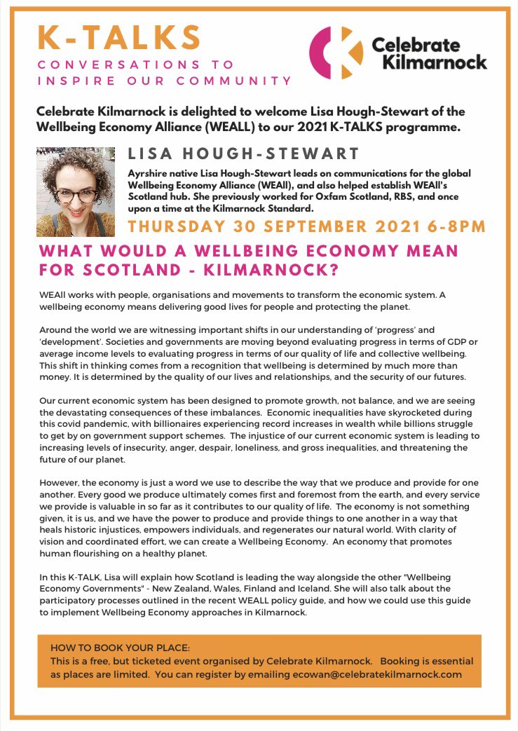 CelebrateKillie's tweet photo. What is a well-being economy and what could it mean for Kilmarnock? 🤔 Find out at our next K-Talk, where we’ll be chatting to @LHoughStewart from @weallscotland! 🤓 

See event poster for more info and book your place using the link below. 👇🏻✨

#KTalks

https://t.co/N0bpnaDGRd https://t.co/Y48Oa2ecLf