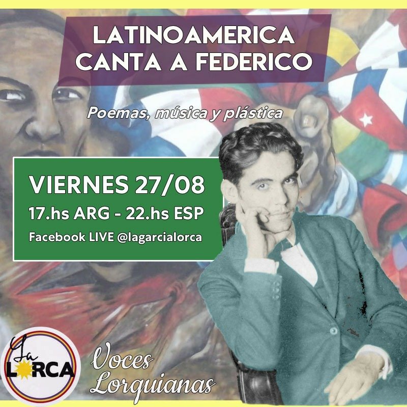 LaGarciaLorca's tweet photo. En el 85°aniversario del asesinato del poeta lo recordamos con la voz de Latinoamérica, que mantuvo siempre vigente su vida y obra.
📍VIERNES 27/08
17.hs ARG - 22.hs ESP
Facebook LIVE @lagarcialorca
#Lorca #lorquiano #FedericoGarcíaLorca #FedericoLorca #poesía #música https://t.co/vX8XTIFj20