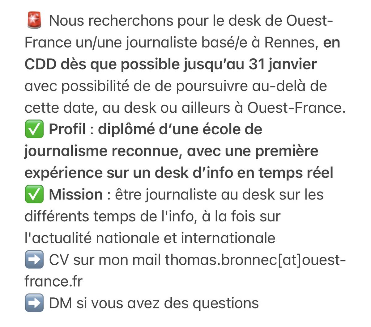 thomas_bronnec's tweet photo. 🚨 Nous recherchons pour le desk de Ouest-France un/une journaliste basé/e à Rennes, en CDD
Tous les détails ici ⬇️ https://t.co/Drc4Qhs3fw