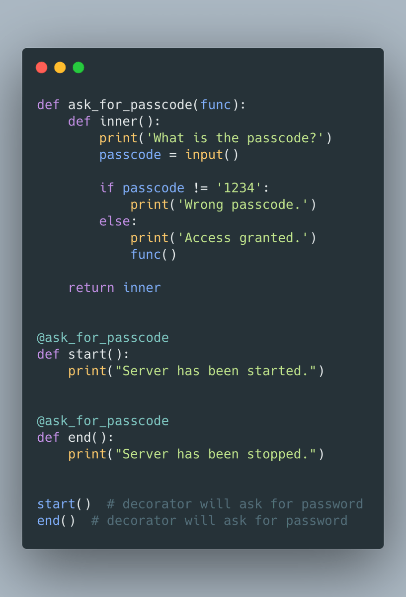 testdrivenio's tweet photo. Python Clean Code Tip:

Use how and when to use decorators

👇 https://t.co/JhpmlqxHzJ