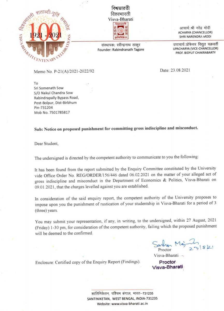 SikdarSampriti's tweet photo. #BreakingNews
#ViswaBharati issues #Notice to 3 students of propsed #rustication for #misconduct and #indiscipline,gives students time till 27th August #respond in writing, failing which the #decision will remain binding.
#Students
@Zee24Ghanta
@ShamsherSLive
@MoupiaNandy https://t.co/b31Lec9EuF