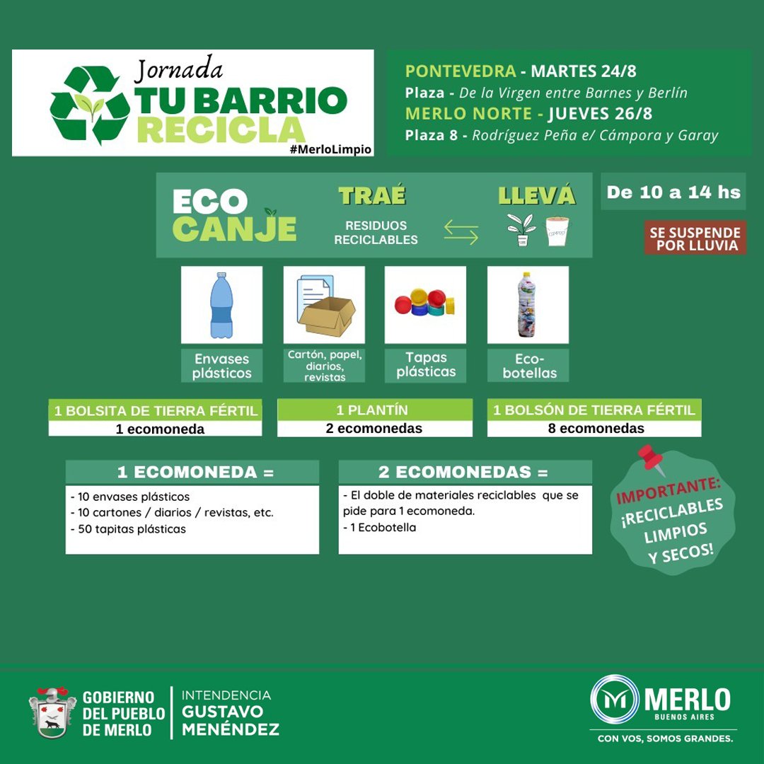MerloGob's tweet photo. ¿Tenés material para reciclar? Desde el programa #MerloLimpio llegan las jornadas “Tu Barrio Recicla”, organizadas por la Secretaría de Delegaciones de #Merlo
♻ Mirá los reciclables que se recepcionan y el cronograma de todo el mes en el siguiente link: https://t.co/PySL694AJM https://t.co/vVc0fRf1mu