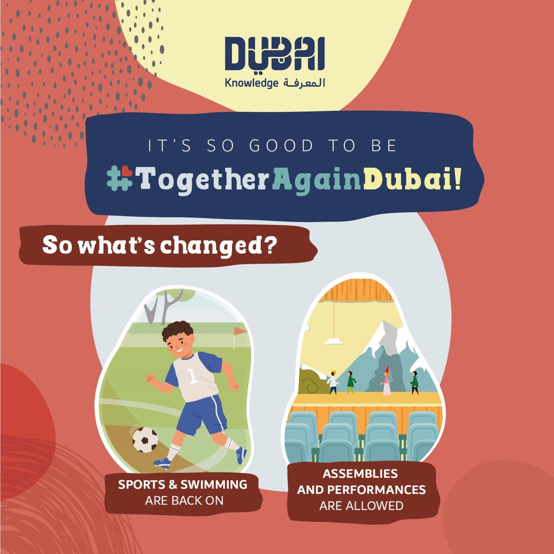 KHDA's tweet image. In the new academic year, we’ll be #TogetherAgainDubai! Schools will be offering full-time face-to-face learning, including sports, events and excursions. Parents will have the choice of continuing with distance learning until October 3. More info: khda.gov.ae/ar/safetyatsch…