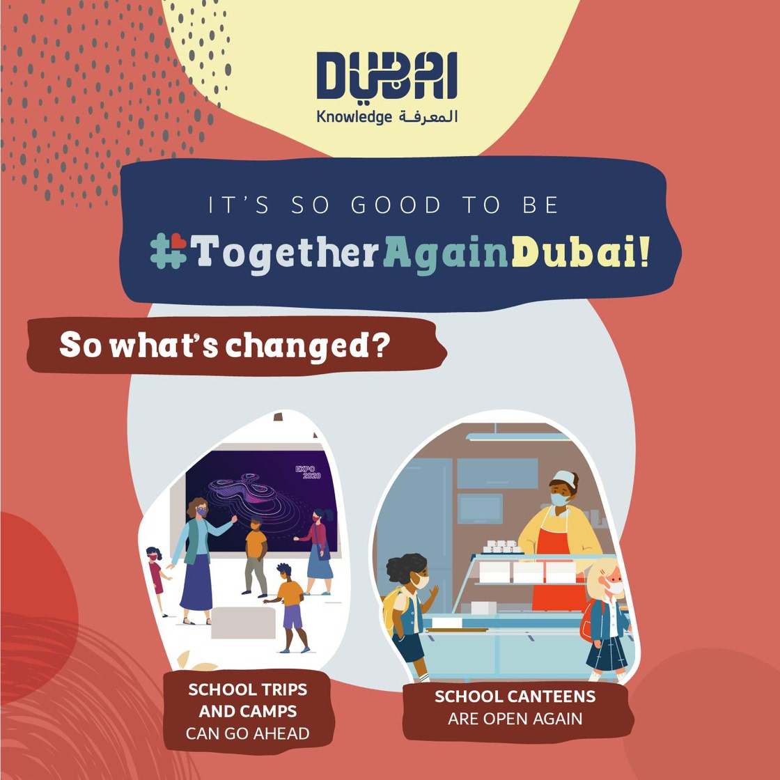 KHDA's tweet image. In the new academic year, we’ll be #TogetherAgainDubai! Schools will be offering full-time face-to-face learning, including sports, events and excursions. Parents will have the choice of continuing with distance learning until October 3. More info: khda.gov.ae/ar/safetyatsch…