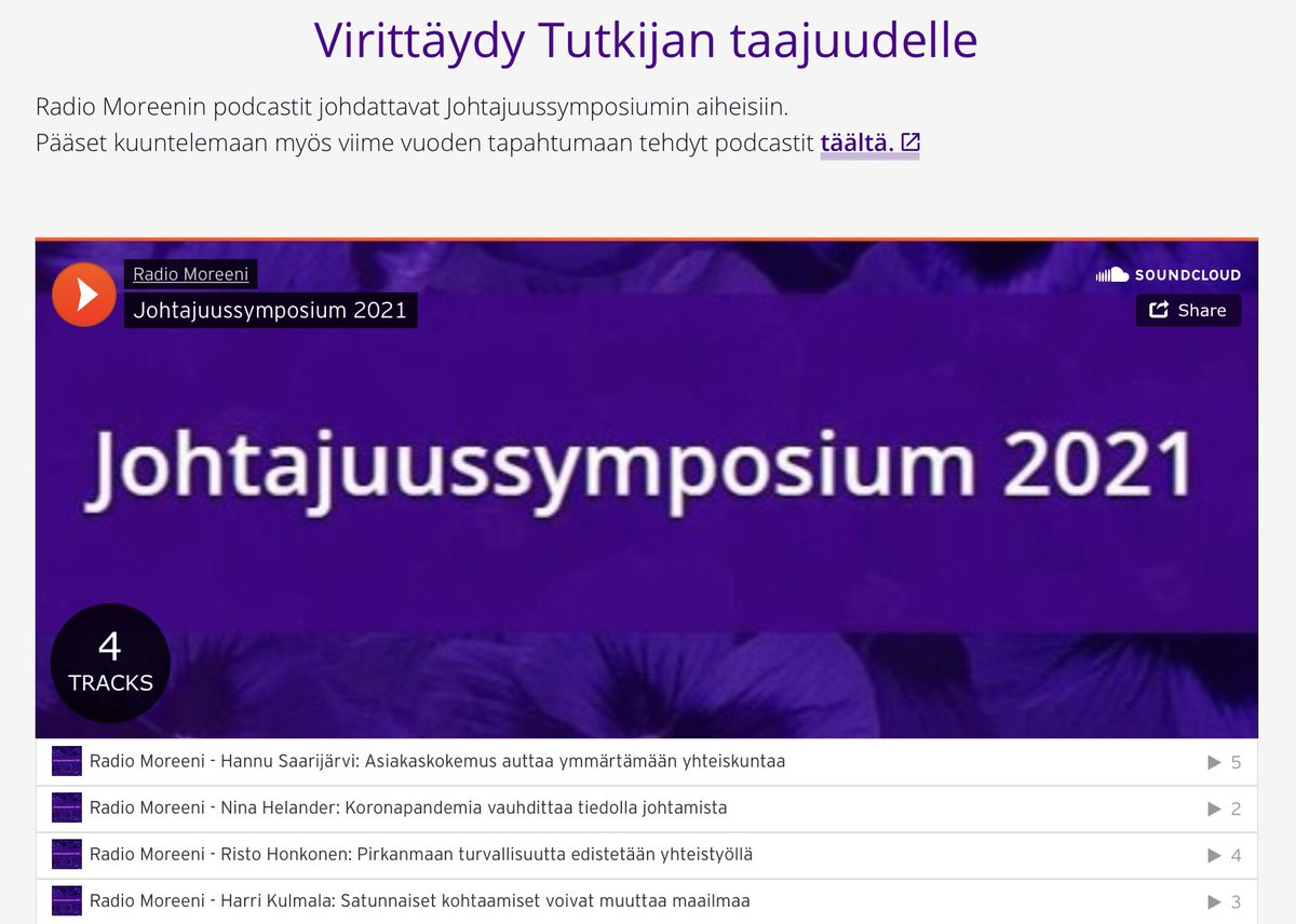Virittäydy jo nyt tutkijan taajuudelle ja tapahtuman tunnelmaan. Johtajuussymposiumin huippupodcastit <a href="/radiomoreeni/">Radio Moreeni</a> ssa, <a href="/HannuSaarijarvi/">Hannu Saarijärvi</a> <a href="/helander_nina/">Nina Helander</a> <a href="/RistoHon/">Risto Honkonen 🇺🇦</a> ja Harri Kulmala. Täyttä asiaa tapahtuman etusivulla tuni.fi/Johtajuussympo…