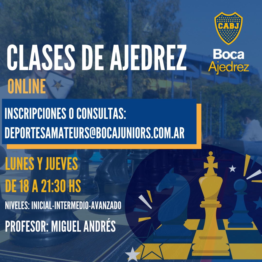 AjedrezBoca's tweet photo. ♟Clases de Ajedrez
🗓Lunes y jueves de 18 a 21:30hs
💻Online
👨🏫Profesor: Miguel Andrés
👩🏫Coordinadora: Paola Maggiolo
✍Inscripciones o consultas: deportesamateurs@bocajuniors.com.ar
#Ajedrez #Bocajuniors #Bocatequiero #Win #Bocapasion #Bocalocura #brandsen805 #LaBombonera https://t.co/GDET2qMvuY