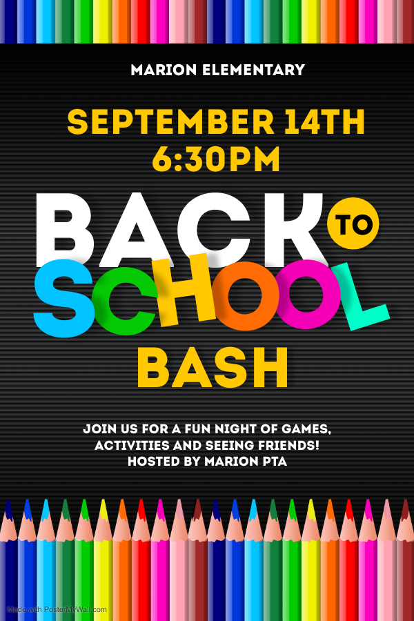 Our annual Back to School Bash is coming! Join us on Tuesday, September 14th at 6:30pm for games, activities, and more. marionpta.membershiptoolkit.com/calendar/event…