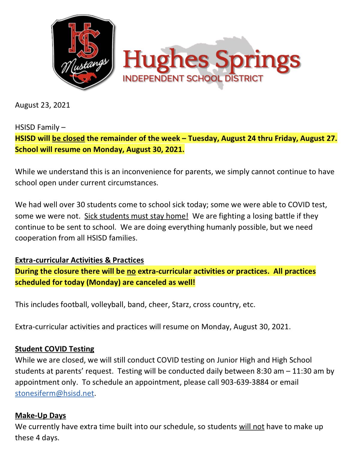 Hughes Springs ISD on Twitter " ️ ️ATTENTION FAMILIES ️ ️…