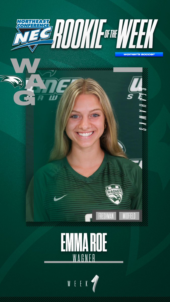 necwsoccer's tweet photo. 🚨#NECWSoccer Rookie of the Week🚨

⚽️Emma Roe, @WagnerAthletics 

✍️ In her collegiate debut, Roe contributed an assist to POTW Madison Carr's opening goal. https://t.co/SwpWcp5ZdR