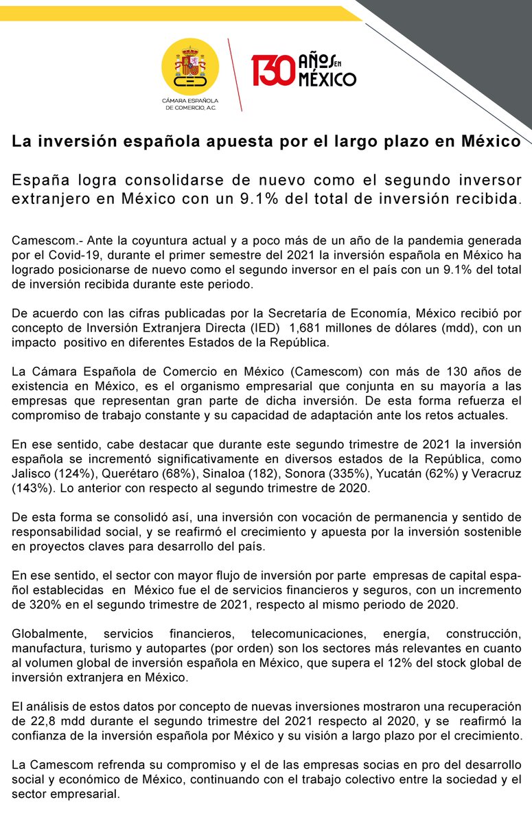 camescommx's tweet photo. #NoticiasCamescom "La inversión española apuesta por el largo plazo en México" ⬇️
https://t.co/2DeCwNU3Ph https://t.co/ZVywXwNkSg