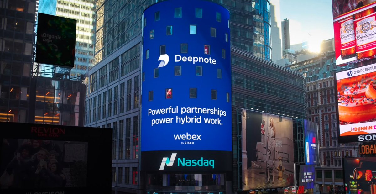 Big news! 📣 Starting today, you can see the Deepnote logo on one of New York's biggest screens - the NASDAQ Tower in Times Square 🏙️

We're so excited to be partnering with <a href="/Webex/">Webex</a> and exploring how we can bring the power of collaborative data science to hybrid teams. #HybridWork
