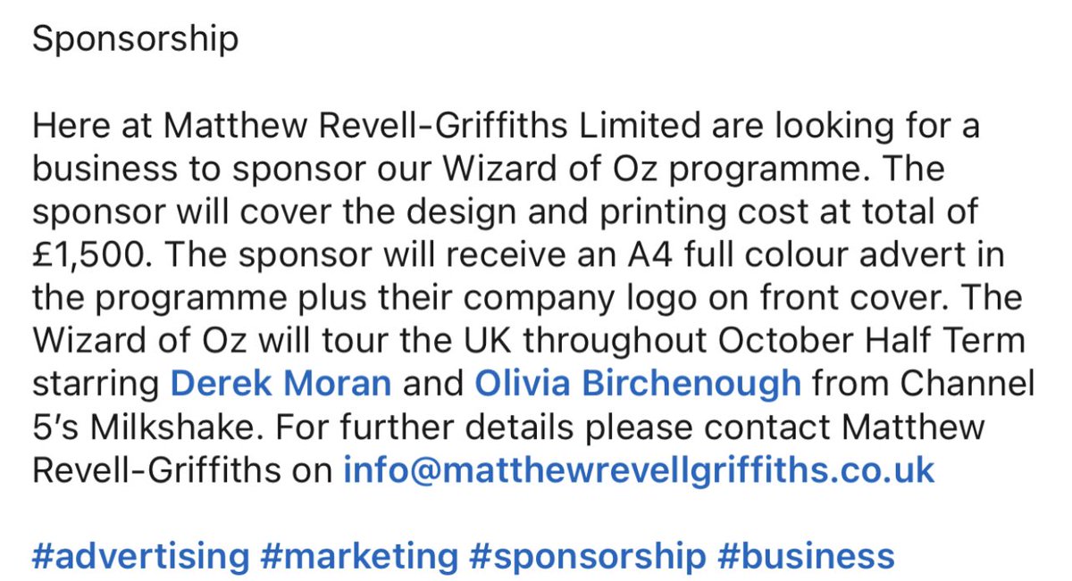 Programme Sponsorship

Details Below ⬇️ Contact Matthew Revell-Griffiths on info@matthewrevellgriffiths.co.uk for further information. 

#advertising #marketing #sponsorship #business #thewizardofoz #tour #programme
