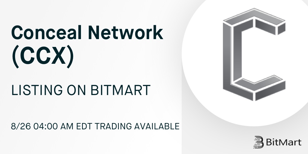 BitMartExchange's tweet image. 🔔 BitMart will list Conceal Network (CCX) @ConcealNetwork on August 26!

The CCX/USDT trading pair will be available soon! 👀

👉 Details: support.bmx.fund/hc/en-us/artic…