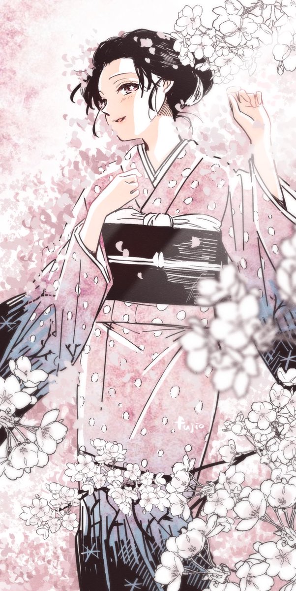 1girl japanese clothes kimono solo pink kimono black hair cherry blossoms  illustration images