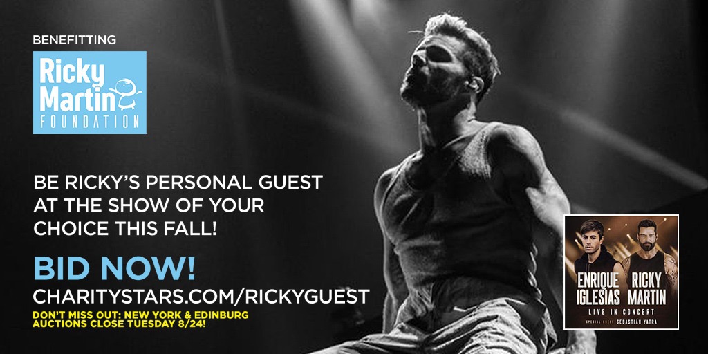 RM_Foundation's tweet photo. Don’t miss out! NY &amp; Edinburg auctions close TOMORROW 8/24. All other auctions close FRIDAY 8/27. Be @Ricky_Martin's personal guest at the show of your choice this fall. Details at: https://t.co/0kWBVbsvQC cc: @CharityStars https://t.co/8CfhiKVzQI