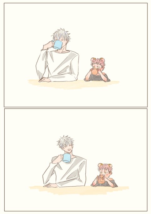 🐯「ゴクゴク!ぱぁ!」
5️⃣「ゆ〜じ❤️牛乳おいしいね〜☺️」
🐯「うん!あっ!さとるくんおひげついてる!」
5️⃣「ほら、ゆ〜じ付いてるよ〜お揃いだね❤️」
🐯「さとるくんと!おそろい!✨」
五悠5️⃣🐯 