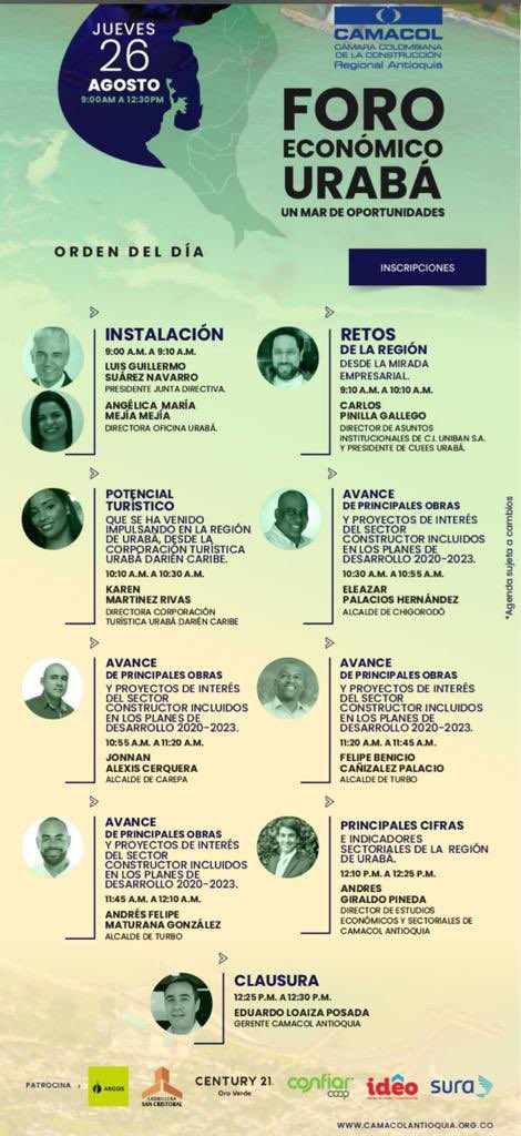#Unibán y #CUEESUrabá acompañaran nuevamente el “Foro Economico Urabá, Un Mar de Oportunidades”, organizado por <a href="/CamacolAntioqui/">Camacol Antioquia</a>  y la presencia de alcaldes de la región y la Corporación Turística Urabá Darien Caribe, más otros actores públicos y privados
live.eventtia.com/es/foroeconomi…