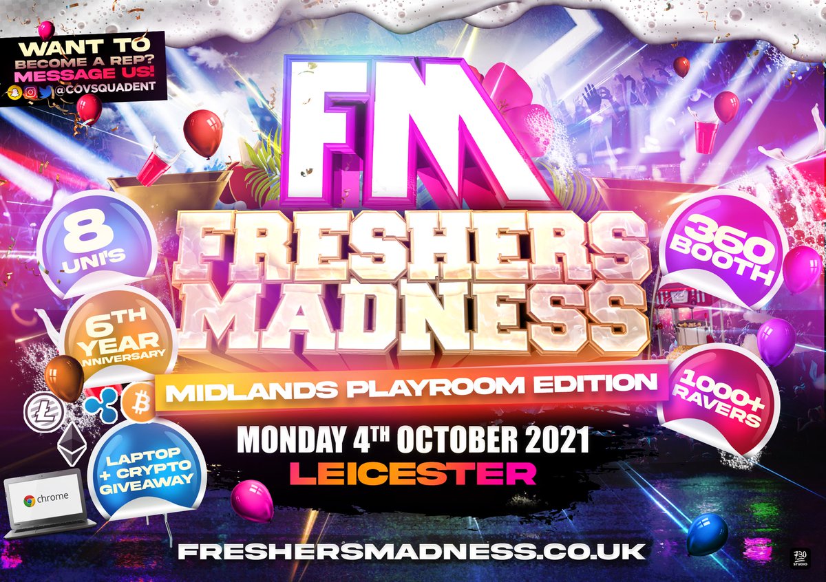 #FreshersMadness 🤪 
NEW UNSEEN VENUE 🏟

NEW ATTRACTIONS🤪
American Sweets 🍬🍭
360 Videography 
Shot girls 🍹💃🏾
Crypto giveaway 🪙💸
Fire breathers and grinders🔥💥

THE MIDLANDS MOST EXCITING FRESHERS EVENT🎓

Coaches from
COVENTRY  
BIRMINGHAM
NOTTS 

FreshersMadness.co.uk