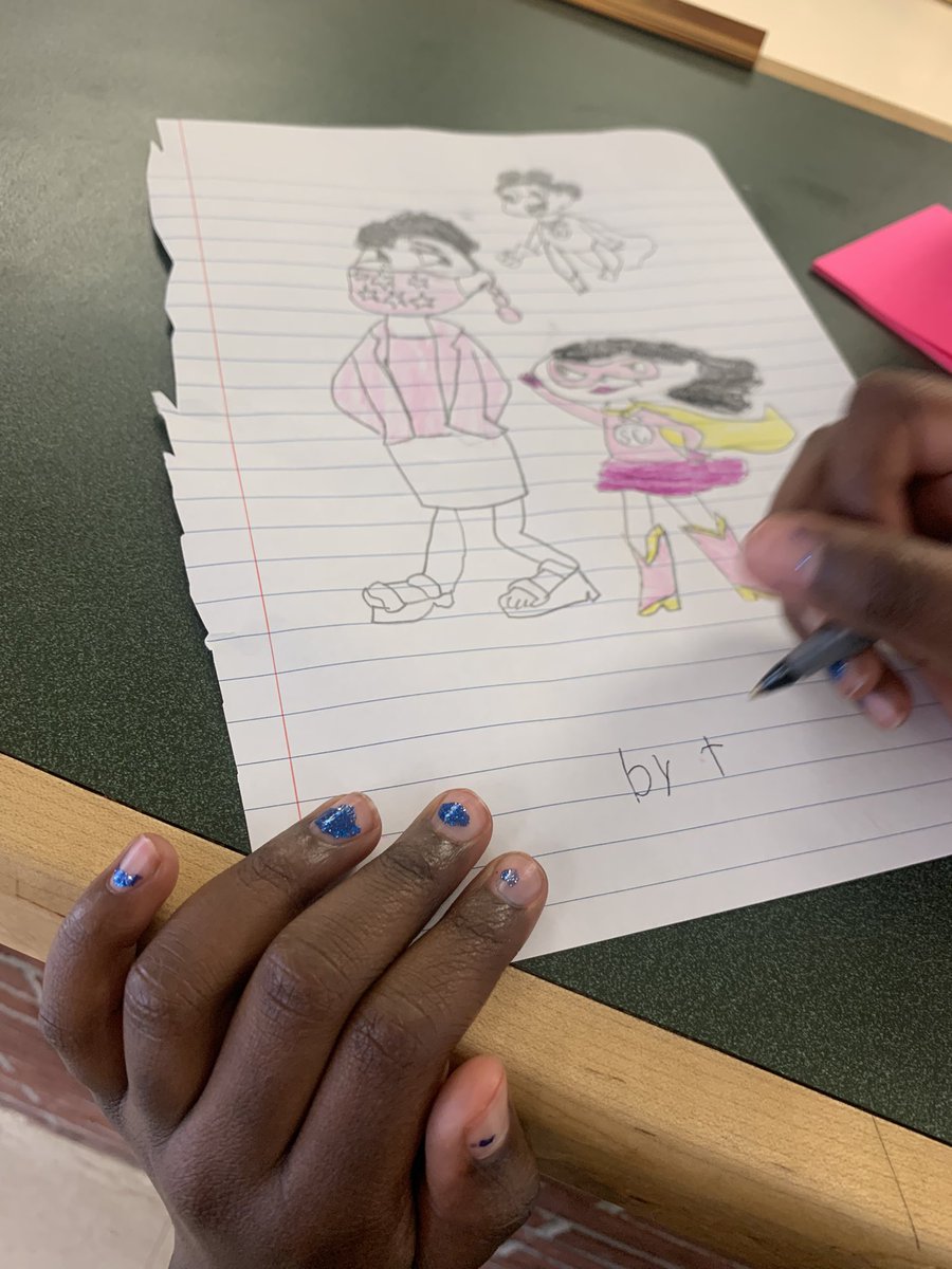 When a 2nd grade student says, “You are my superhero and I want to draw a picture of us together”….this is the result! Love it—she got the earrings and the lashes 🤣 #rolemodelbehavior They are always watching. #Heroes ❤️students <a href="/DicksonTigers/">E.R. Dickson Tigers</a>