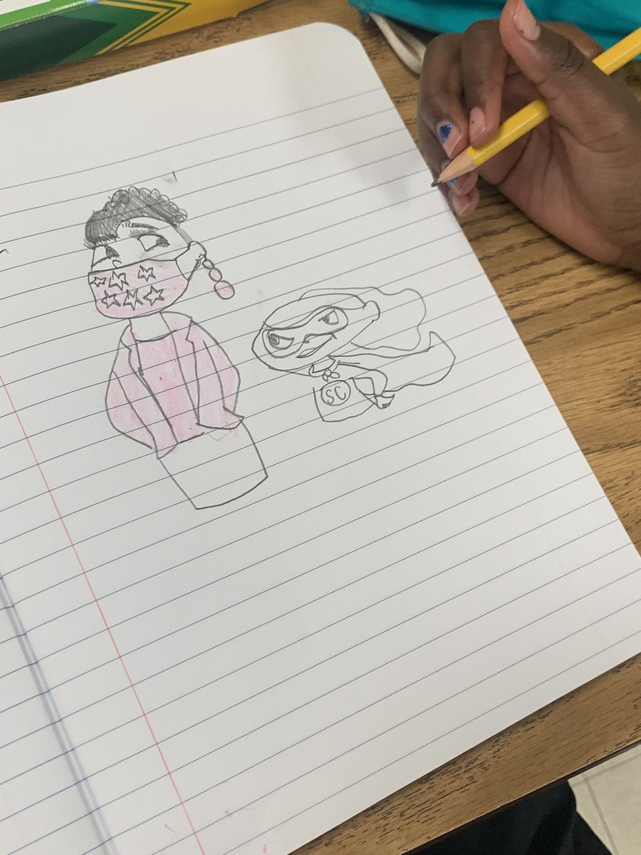 KinnEducates's tweet photo. When a 2nd grade student says, “You are my superhero and I want to draw a picture of us together”….this is the result! Love it—she got the earrings and the lashes 🤣 #rolemodelbehavior They are always watching. #Heroes ❤️students @DicksonTigers https://t.co/SG42YqusMJ