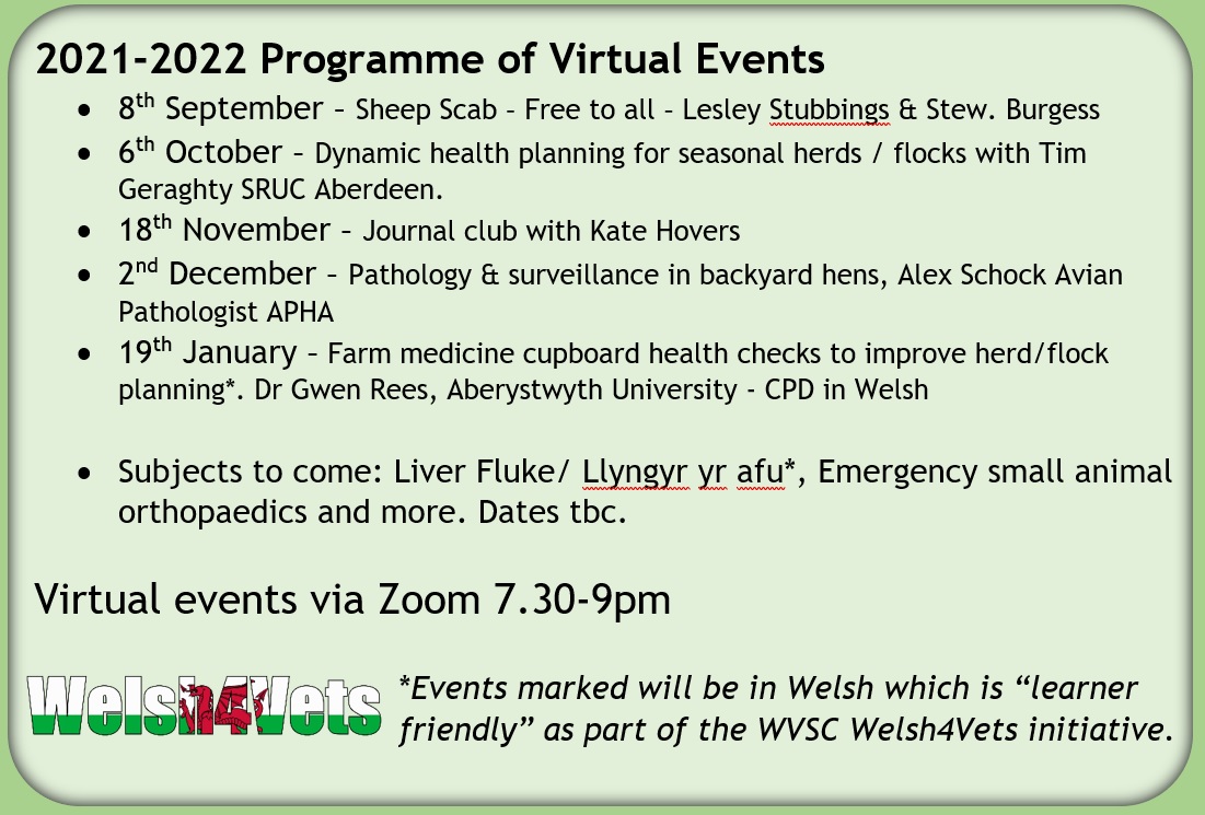 WVSCAber's tweet photo. In case you missed it: CPD club aimed at Vets in Wales and on the Border. For £5 per year there will be free virtual evening CPD &amp; 10% off WVSC CPD days (excl. conferences). Some CPD in welsh. Register here  https://t.co/Hpjw0pAlQn (requires an individual email for each member). https://t.co/gzIsCrYEAI