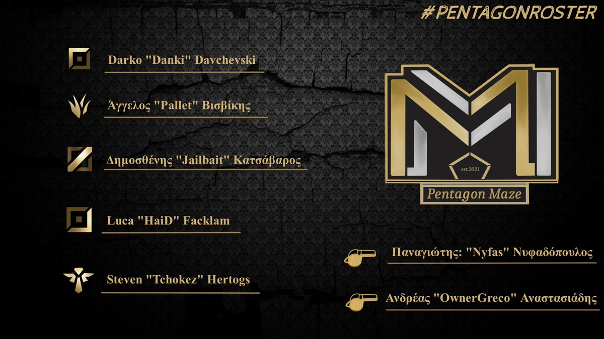 We are proud to announce our League of Legends roster which is ready to dominate the Rift!!

TOP: <a href="/DANKIIIII/">Danki</a>
JUNGLE: @AggelosVisv
MID: @itsjailbait
ADC: <a href="/HaiDLoL/">Luca 'HaiD' Facklam</a>
SUPPORT: <a href="/tchokez/">tchokez</a>

Coach: @nyfas__
A Coach: @owner_greco
#WeArePentagon #gaming #esports #greekteam #leagueoflegends