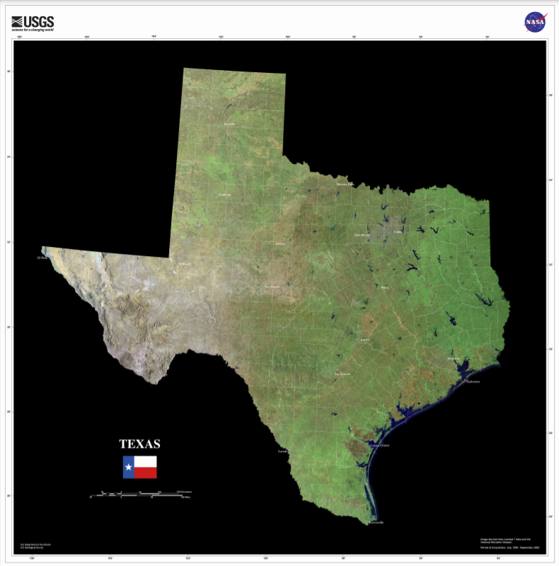It is a special #FreeMapMonday for all you Texans out there! Follow us and Re-tweet this post for a chance to win the Tri-decadal State Satellite Map of Texas!

#USGSStore (U.S. residents only)