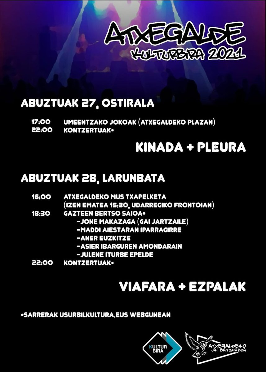 usurbildarrak's tweet photo. Atxegaldeko Jai Batzordeak abuztuaren 27 eta 28rako kultur agenda berezia prestatu du https://t.co/egGp9GQEsa #atxegalde #usurbil @AtxegaldeJB @kulturbira https://t.co/LqVC5s9CbD