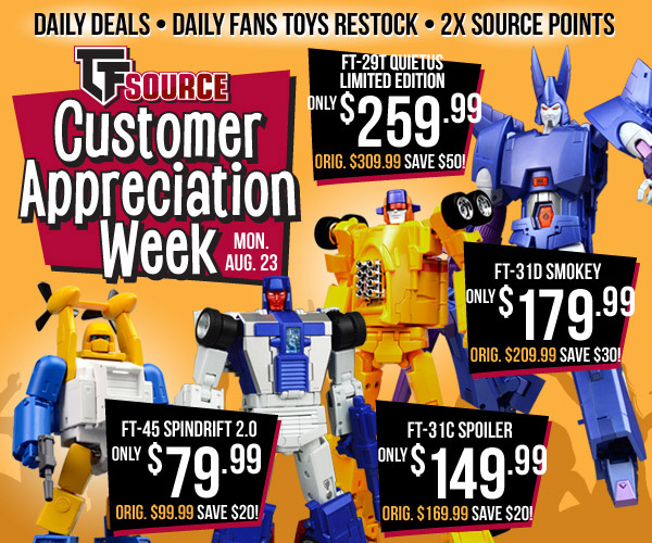 TFsource's tweet photo. #TFSOURCECAW DAY 1: BIG Fans Toys Savings + Fans Toys Restock! Save up to $50 off on select Fans Toys items plus 5 Fans Toys items have been restocked. Shop now, these deals and restock items will only last one day!
https://t.co/SpR40xhnQk https://t.co/XmbsGE1l2E