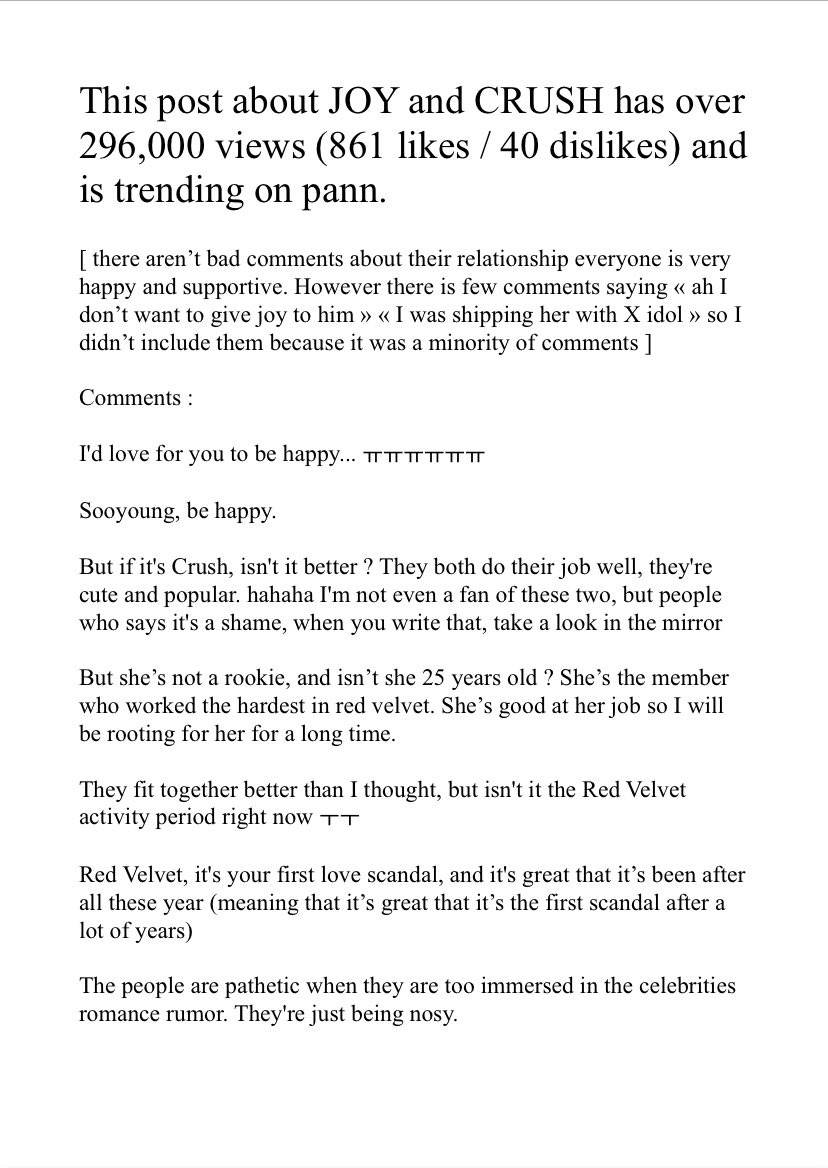 itzjoysoo's tweet photo. This post about #JOY and #CRUSH has over 296,000 views and is trending on pann.

« She’s the member who worked the hardest in red velvet. She’s good at her job so I will be rooting for her for a long time. »

« As long as Sooyoung is happy »

« Park Sooyoung, really... Be happy » https://t.co/dYydLBERkB