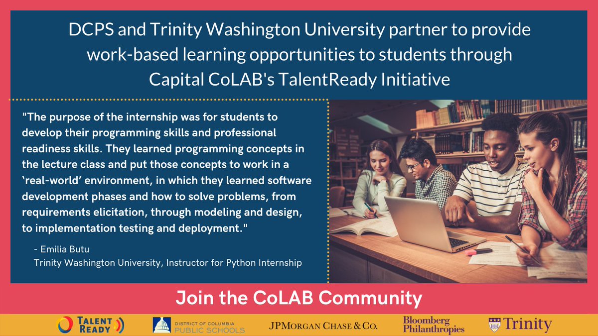 GW_Partnership's tweet photo. @TrinityDC welcomed @DCPublicSchools students in a Cybernetics Summer Immersion Program that included a dual enrollment course and an internship. TalentReady is funded by @JPMorgan and @BloombergDotOrg
https://t.co/X2mWSvNYMv
#CapitalCoLAB #GWPTalentReady #DiversityInTech #Tech https://t.co/mhKeErO0RF