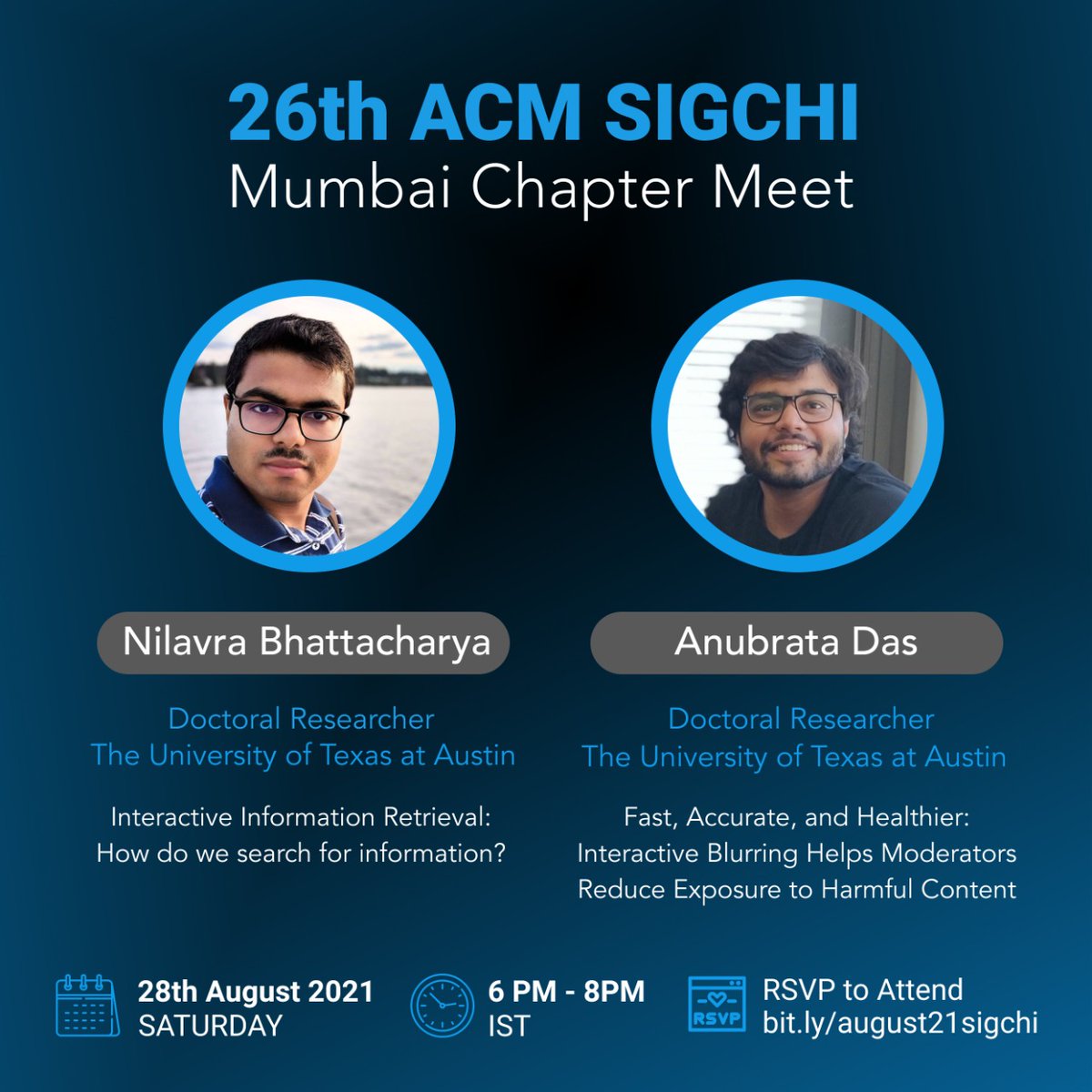 MumbaiSigchi's tweet photo. We are excited to have @NilavraB and @d_anubrata presenting their work this Saturday.
Signup link https://t.co/ZSj1AdStZb https://t.co/TrEafeHYqe