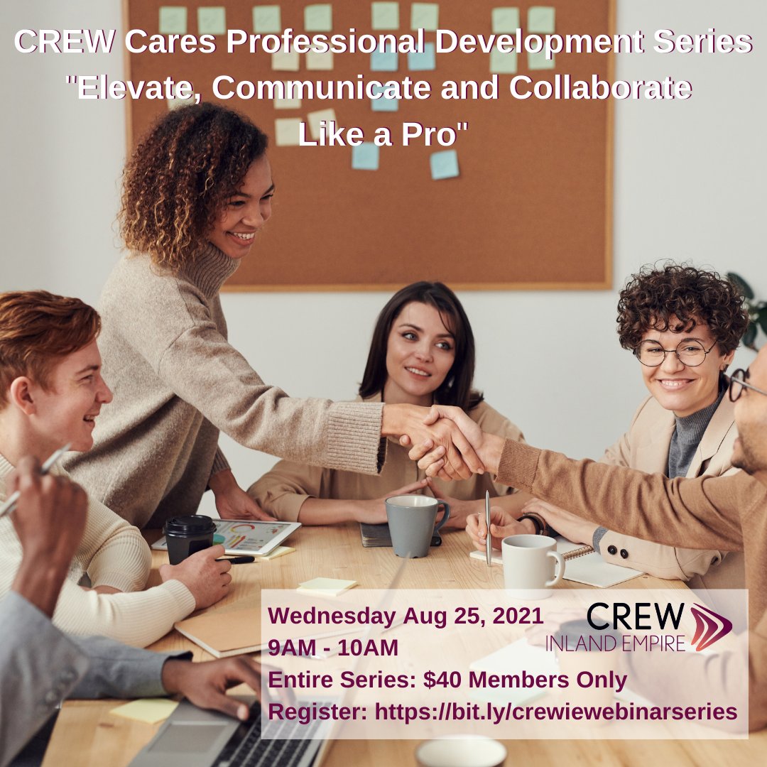 CREW_IE's tweet photo. Today is your last chance to register for the CREW Cares Professional Development Series focused on career education, management and growth.

"Elevate, Communicate and Collaborate Like a Pro"

Wednesday August 25
9AM-10AM
Members Only Cost: $40

https://t.co/VcJSFyA2bT https://t.co/QGF1lT2KJY