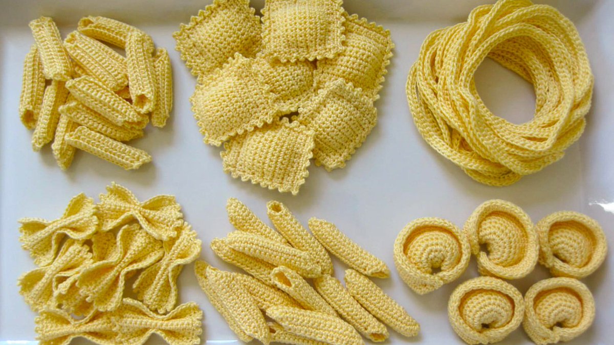 thisiscolossal's tweet photo. Normalynn Ablao's crocheted penne, ravioli, and spaghetti recreate pasta as fiber-rich renditions https://t.co/DqWuTV03eP https://t.co/muMOaXRdPg